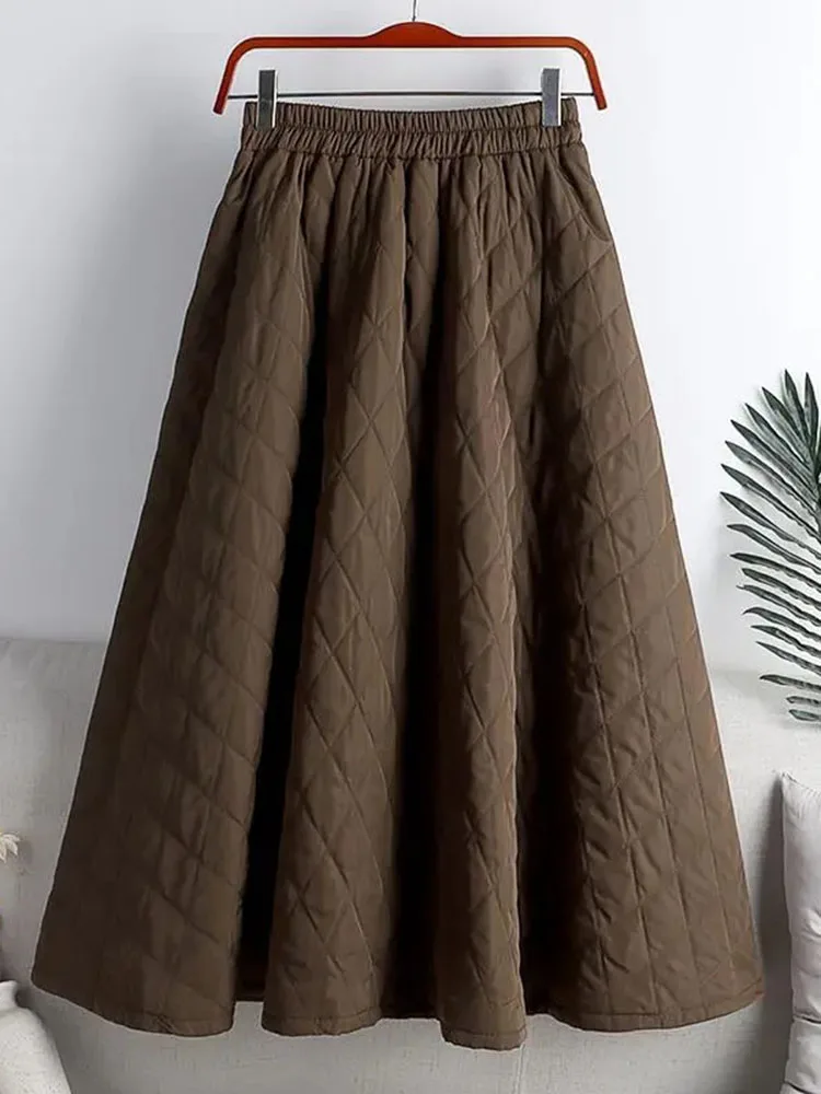 Autumn Winter Cotton Quilted Skirt Warm Womens A-line Faldas Vintage Thicken High Waist Saias Korean Fashion Knee-length Skirts