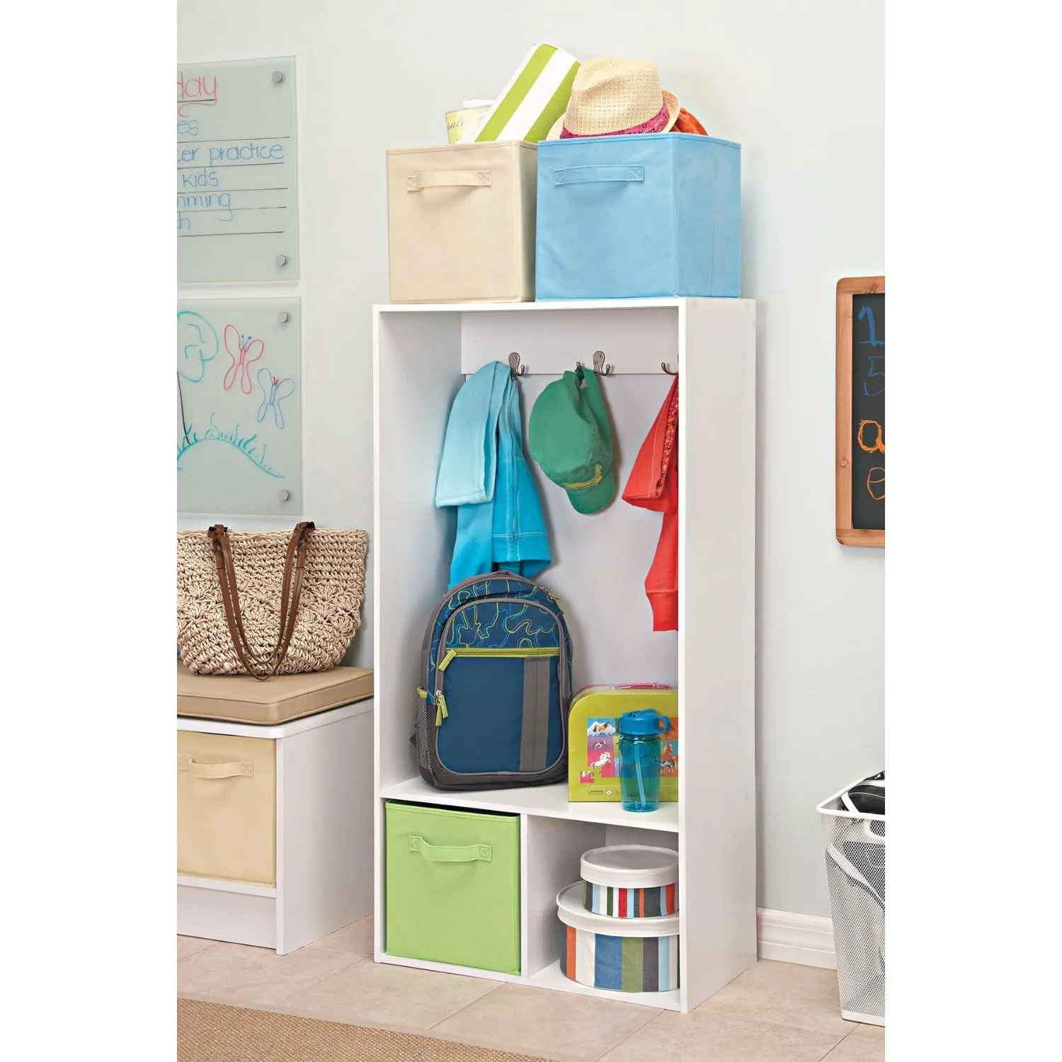 Wood Locker, 2 Cubby Cube Compartments Open Storage, 3 Hooks, for Coats, Backpacks, Jackets, White Finish, 47-Inch