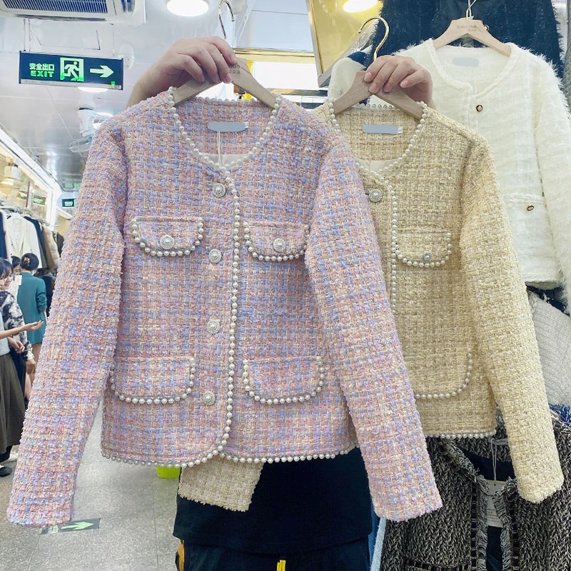 

Весенне-осенний женский твидовый пиджак с круглым вырезом, шерстяной темперамент, корейский шикарный короткий пиджак, верхняя одежда, женская маленькая куртка с ароматом