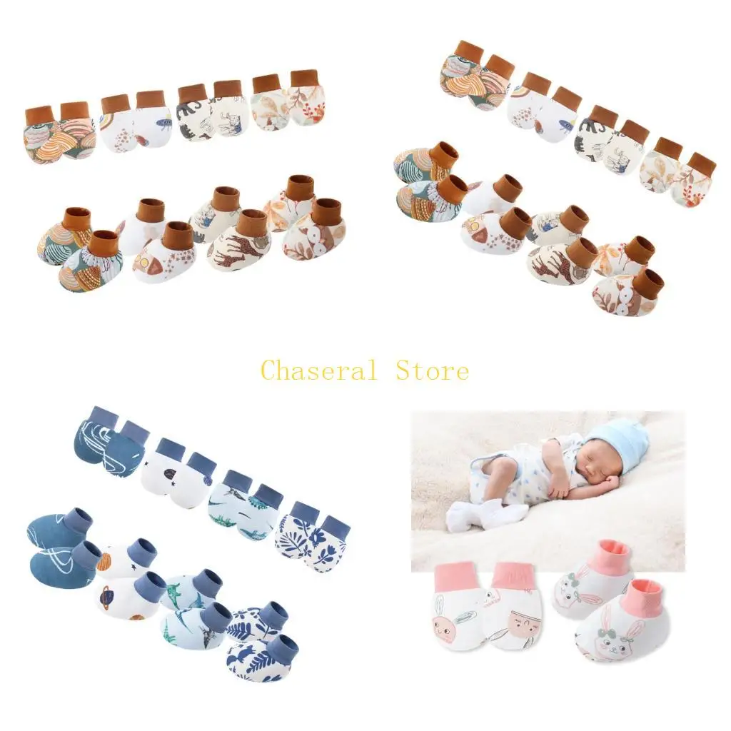 E7CE 4 Set Cotton Baby Mittens Scratch Proof Gloves with Socks for Infants Boys Girls