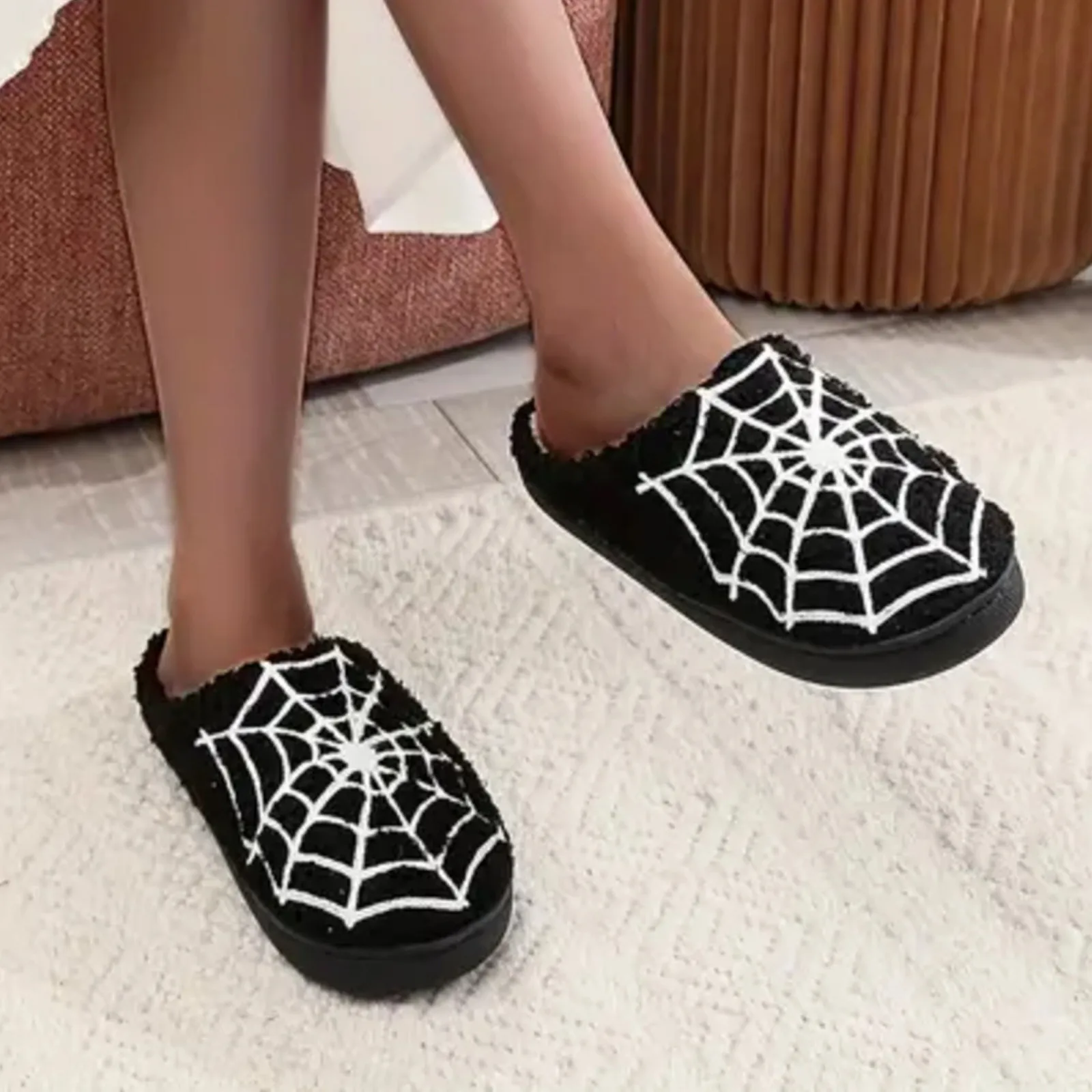 

Halloween Funny Spider Web Slipper Ghost Scary Flat Indoor House Shoes for Women Men Soft Plush Cozy Horror Halloween Gifts