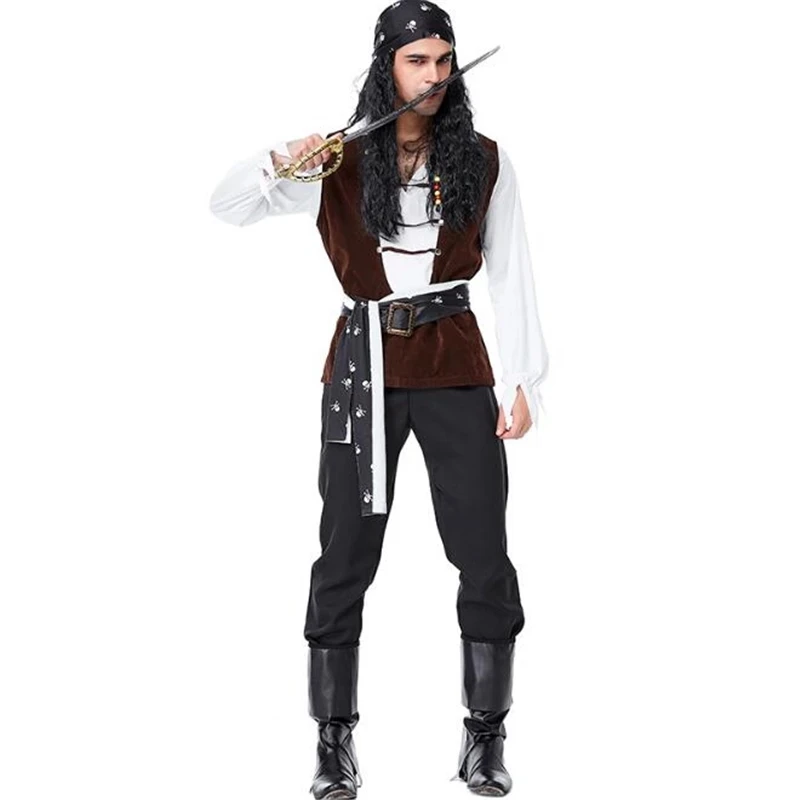 Middeleeuwse Gothic Pirate Kostuums Voor Mannen Deluxe Schedel Piraat Kostuum Halloween Volwassen Wilde Captain Cosplay Kleding