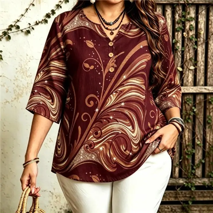 Plus Size Women Blouse 3/4 Sleeve Abstract Swirl Marble Print V‑Neck Half Button Loose Casual Tops