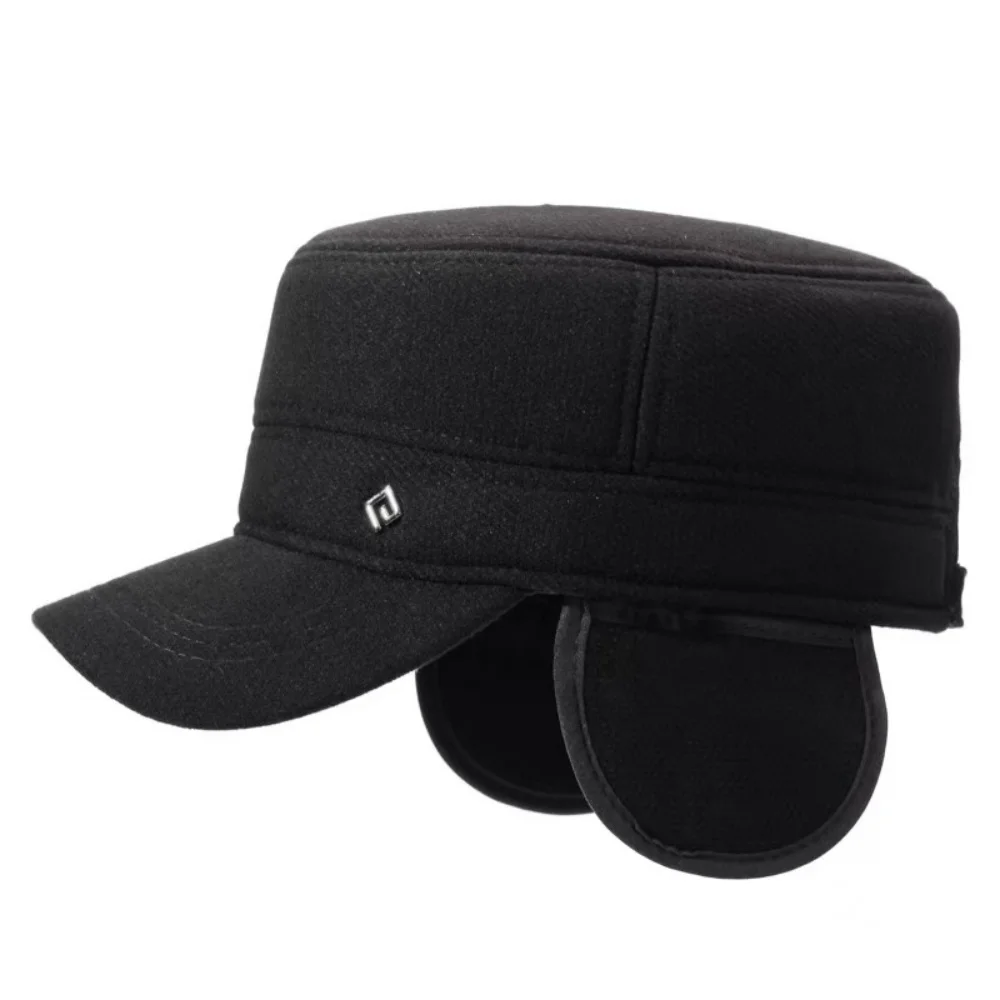 Men Autumn Winter Flat Top Army Hat, Foldable Ear Flaps, Adjustable Metal Logo Peaked Cap, Outdoor Casual Warm Cadet Cap