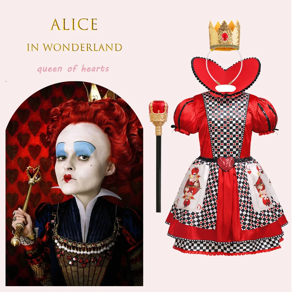 Girl Dress Queen of Hearts Cosplay Alice in Wonderland Poker Puffy Princess Dress Halloween Cosplay Clothing Princess Costume