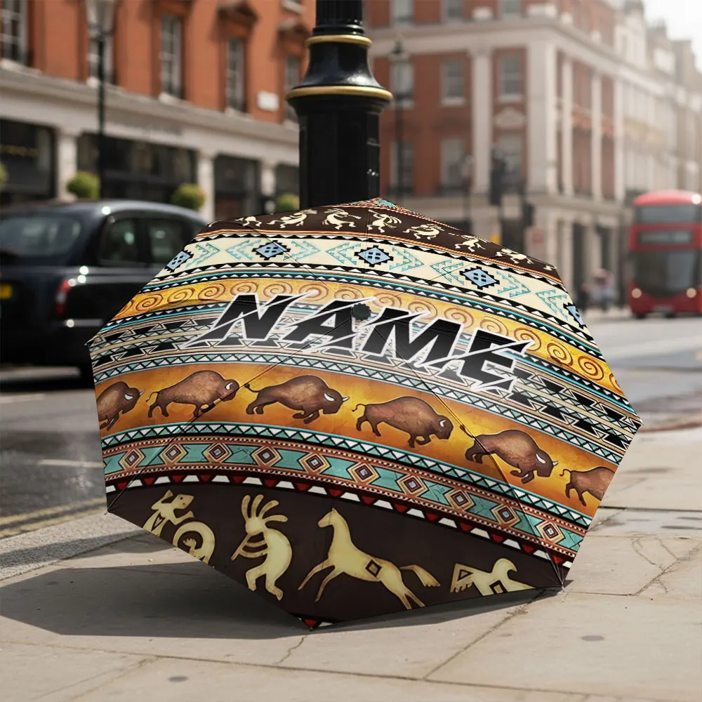 Custom Name umbrella, Aztec Tribal Pattern Umbrella with Buffalo Design Fashion Folding Umbrella for Daily Use, Christmas Gift
