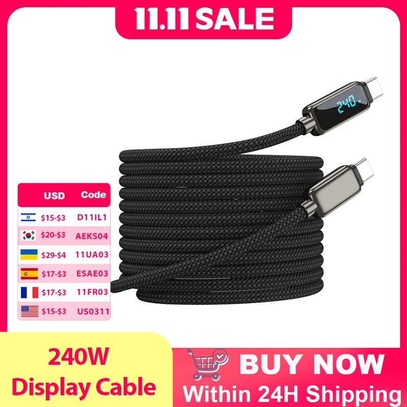 

Кабель VYVYLABS Smart Charge 240 Вт для iPad Macbook Кабель типа C к типу C для iPhone 17 Xiaomi