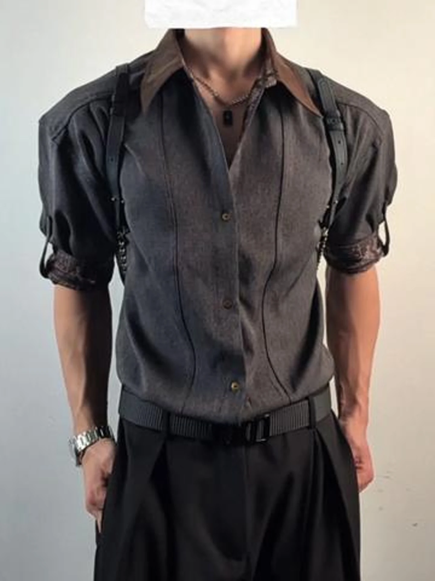 

Slim Fit Ice Silk Denim Short Sleeve Shirt Men's Style Summer High Waist Cinched Shirt American Style Half Sleeve Shirt