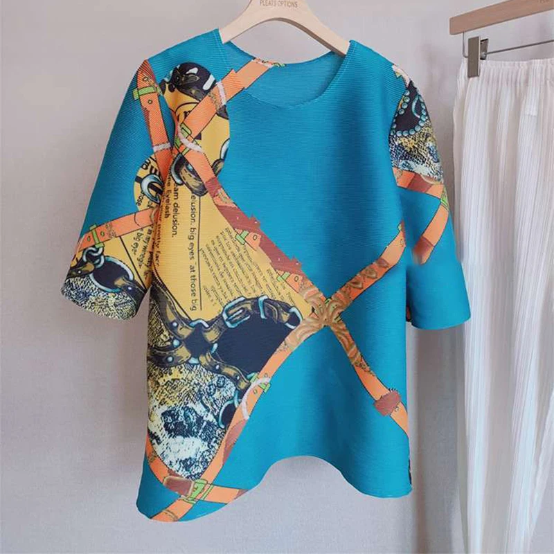 2024 Summer New Folded Flower Print Fashion Top with 5/4 Sleeves  harajuku  women clothing  shirts for women