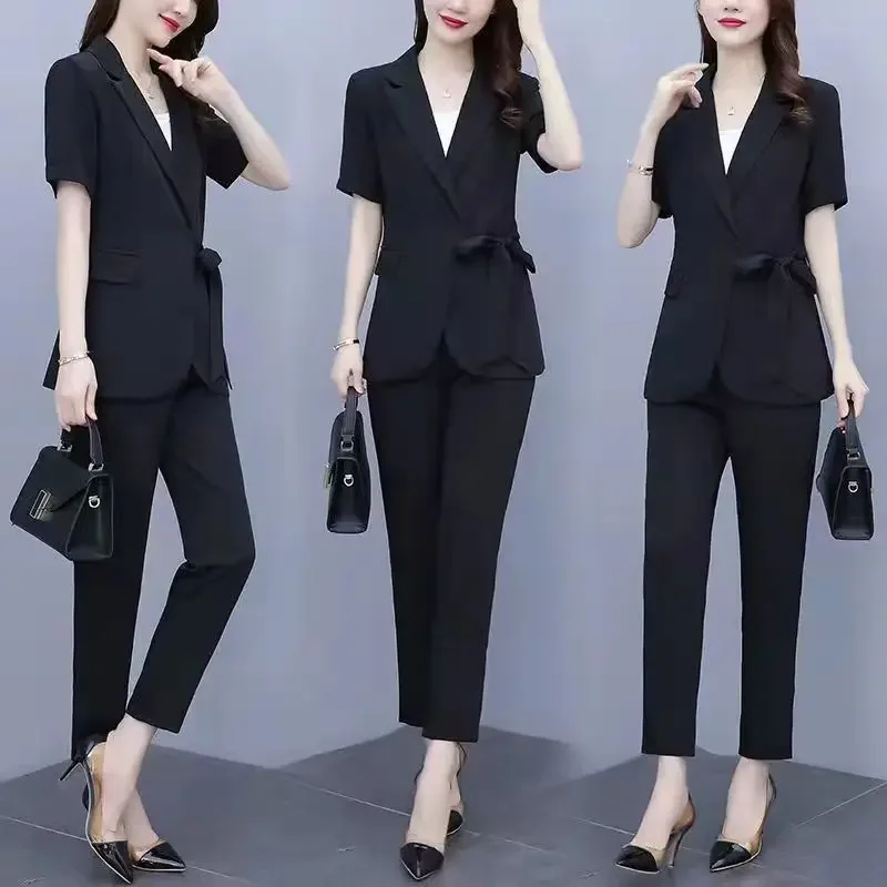 2024 Sommer neue koreanische elegante Kurzarm Blazer Bluse Hose zweiteilige Damenmode Schnür anzug Top Hose passendes Set