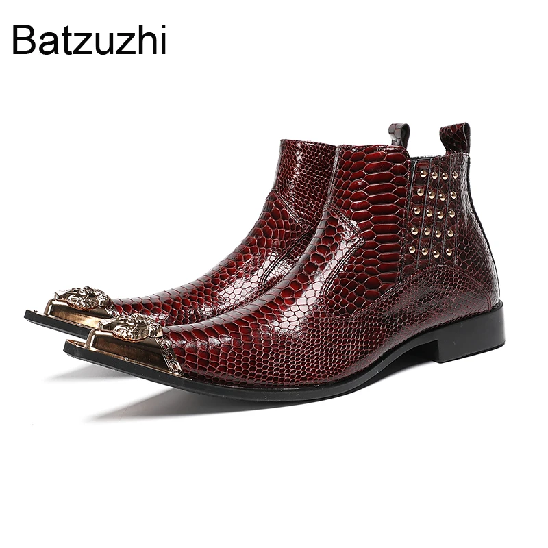 Batzuzhi Italian Type Men's Boots Pointed Iron Toe Wine Red Leather Cowboy Boots for Man Low Heels Party/Wedding Bota Hombre