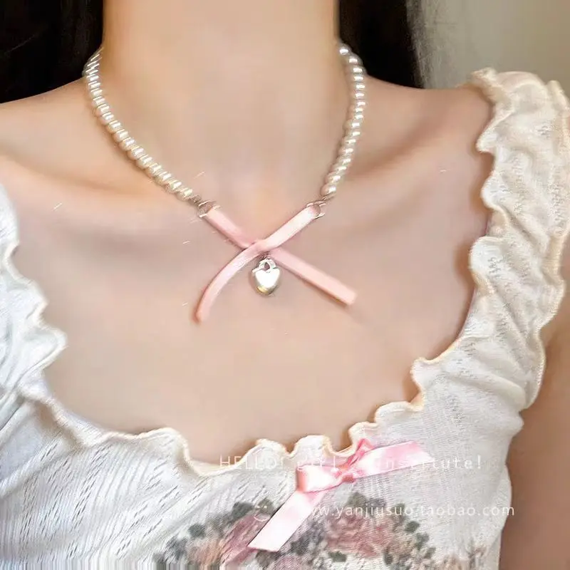 Kpop الحب قلب القوس قلادة للنساء ، سلسلة اللؤلؤ الزركون الوردي ، الحلو Y2K المجوهرات الجمالية ، هدية الحزب ، تخفيض كبير #5