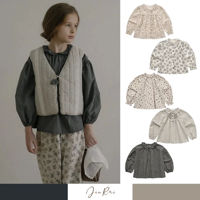 Girls Doll Shirt Top 2026 Autumn New Printed Fashion Korean Edition Wrap Long Sleeve Kids Shirt Cotton Sweet Lapel Girls Shirt
