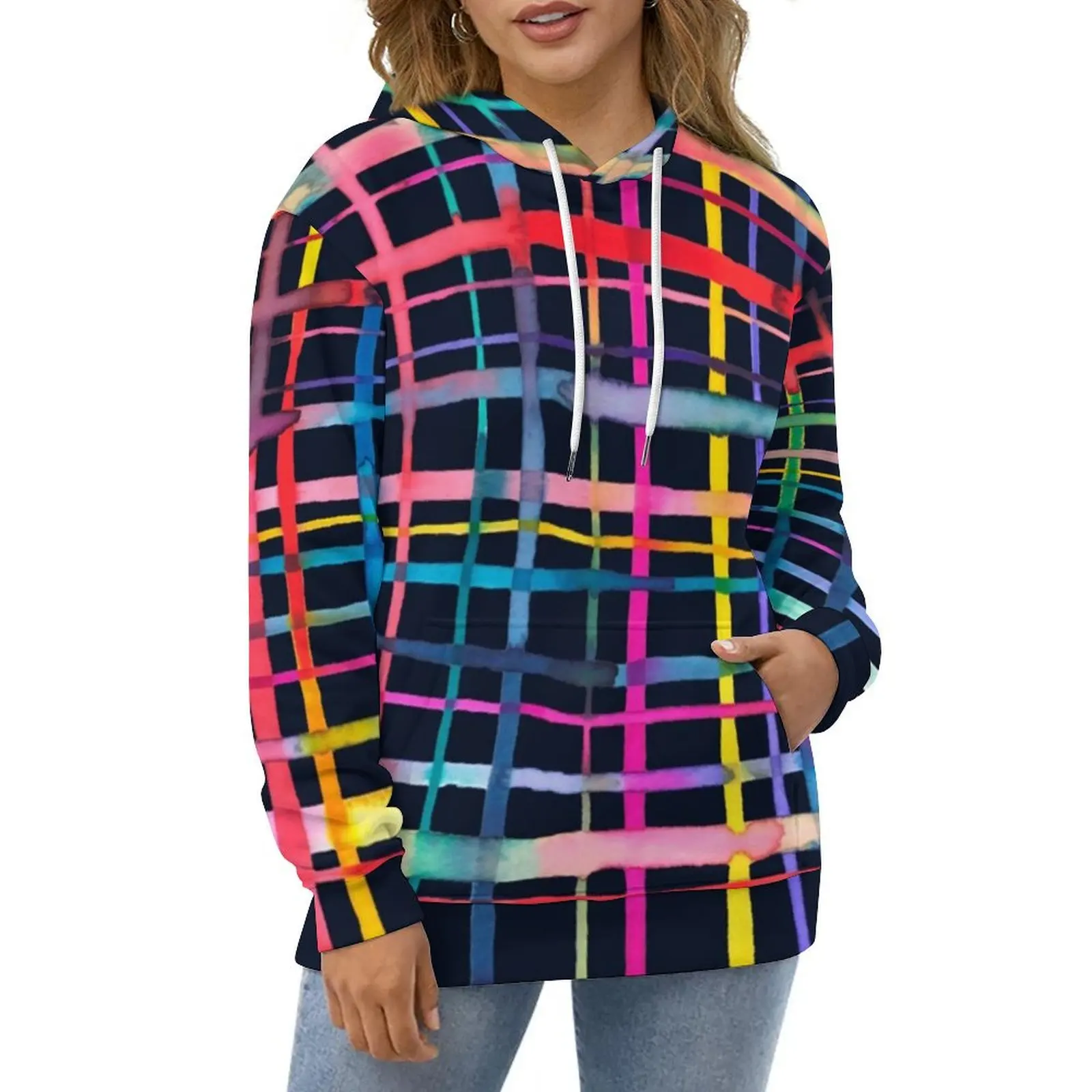 Abstract Geometry Hoodies Long Sleeve Multicolor Checkered Aesthetic Casual Hoodie Autumn Harajuku Oversized Loose Sweatshirts