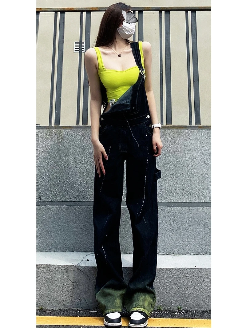 하이웨이스트 와이드 레그 데님 오버롤 여성 여름 스트릿 슬림 디자인 워크웨어 롱 팬츠 플로어 렝스 끈 팬츠