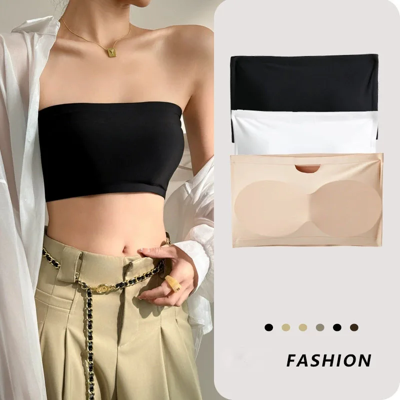 One Piece Sexy Tube Tops Women Strapless Removable Chest Cushion Push Up Bra Basic Black White Skin Ice Silk Thin Seamless Bra