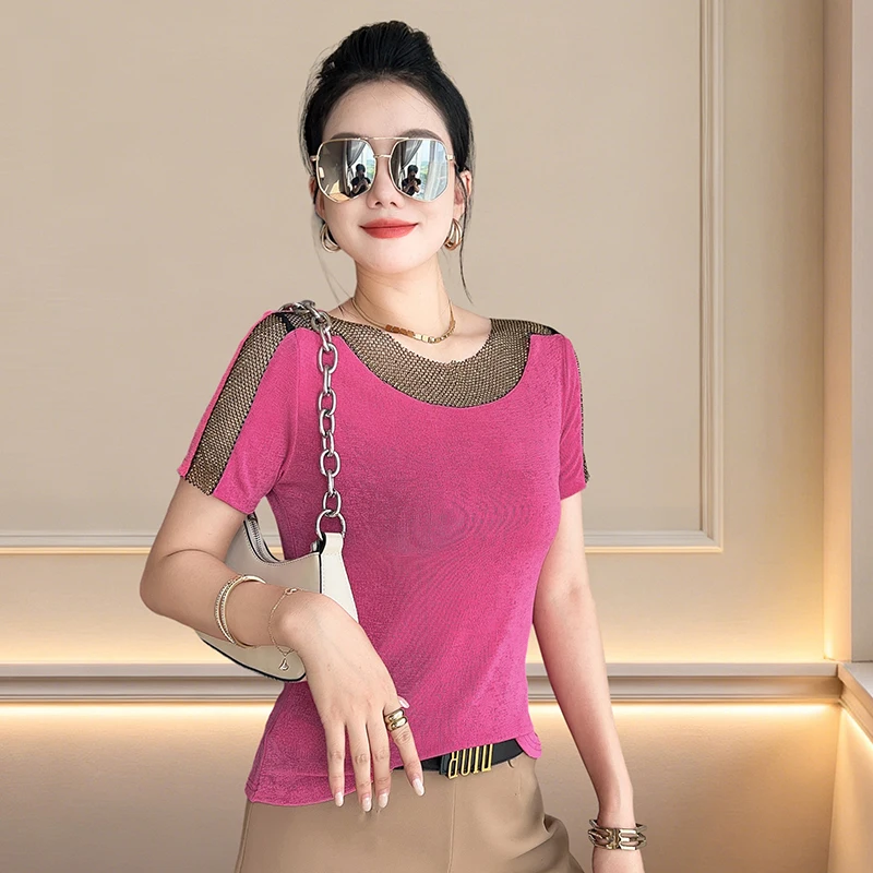 2026 new summer korean clothes t-shirt chic sexy o-neck hollow Out patchwork diamonds women tops short Sleeve slim tees