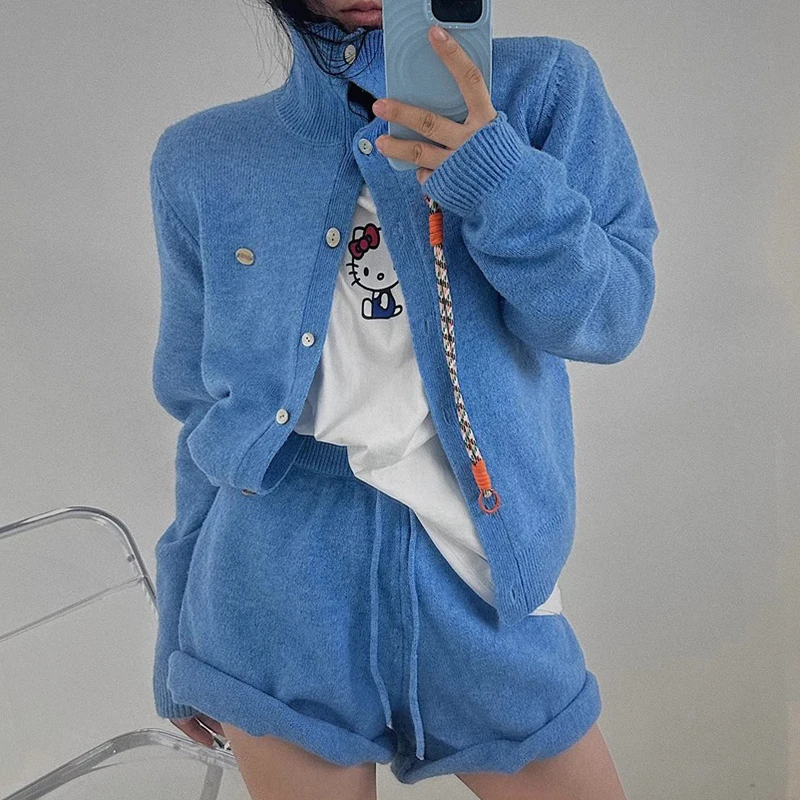Korean chic autumn retro letter labeled long sleeved sweater jacket+versatile knitted shorts two-piece set