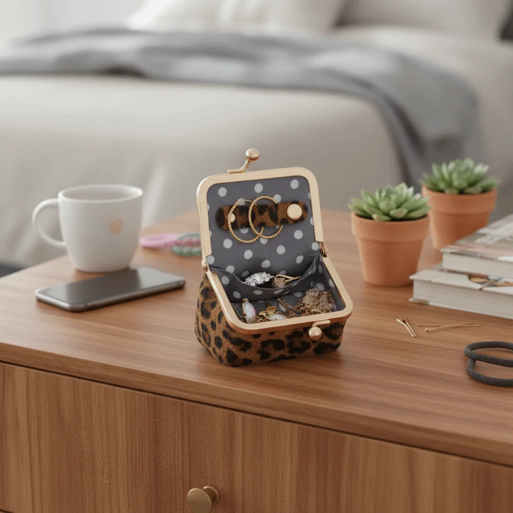 

Leopard Print Kiss Lock Coin Purse Solid Color Mini Jewelry Storage Bag Leather Jewelry Box Mini Coin Wallet Ring Organization