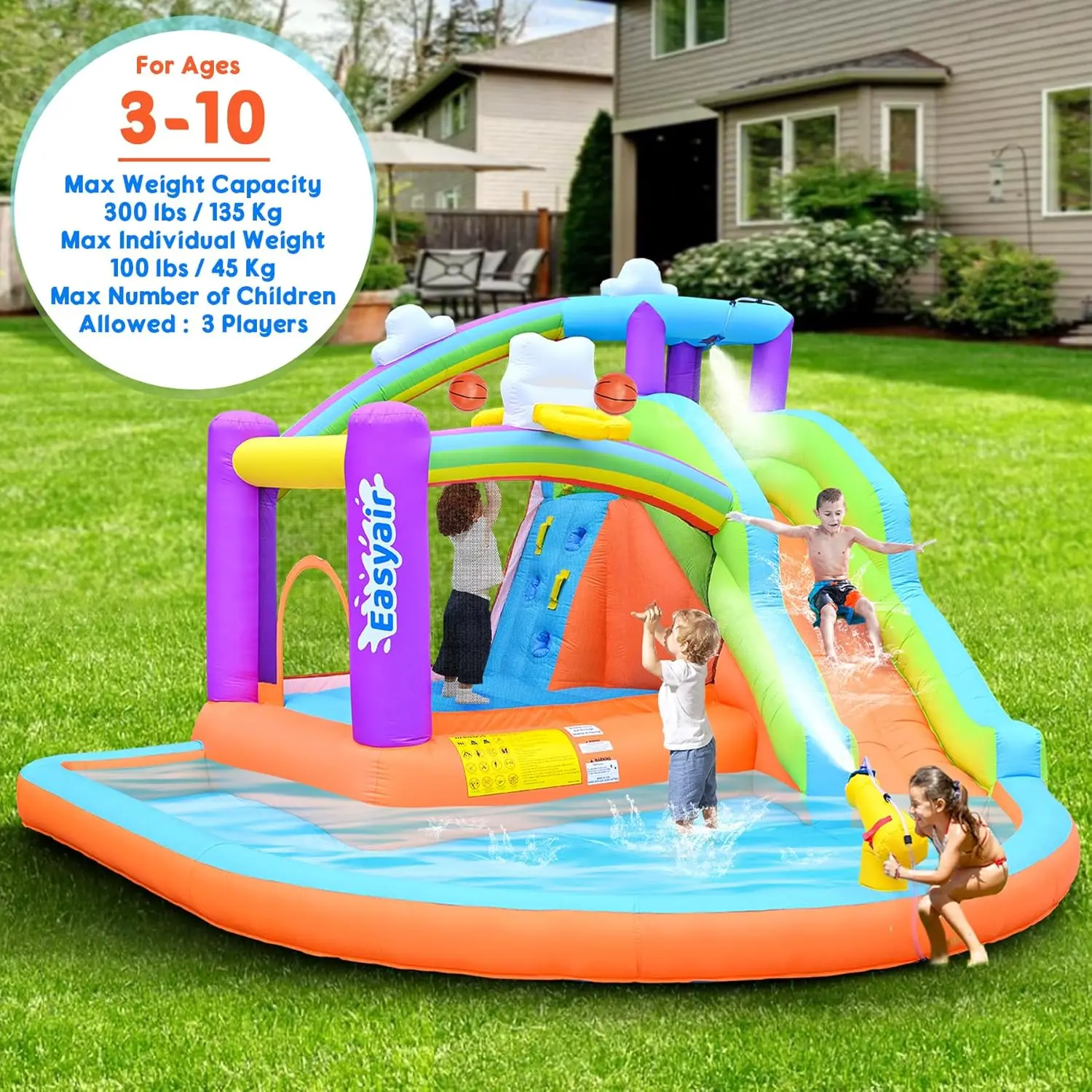 Inflatable Bounce House for Kids, 12.8 FT x 12 FT Water Slide Bouncy Castle, Rainbow Cloud Splash Pool, Jumper, Climbing Wall, 2 view 4
