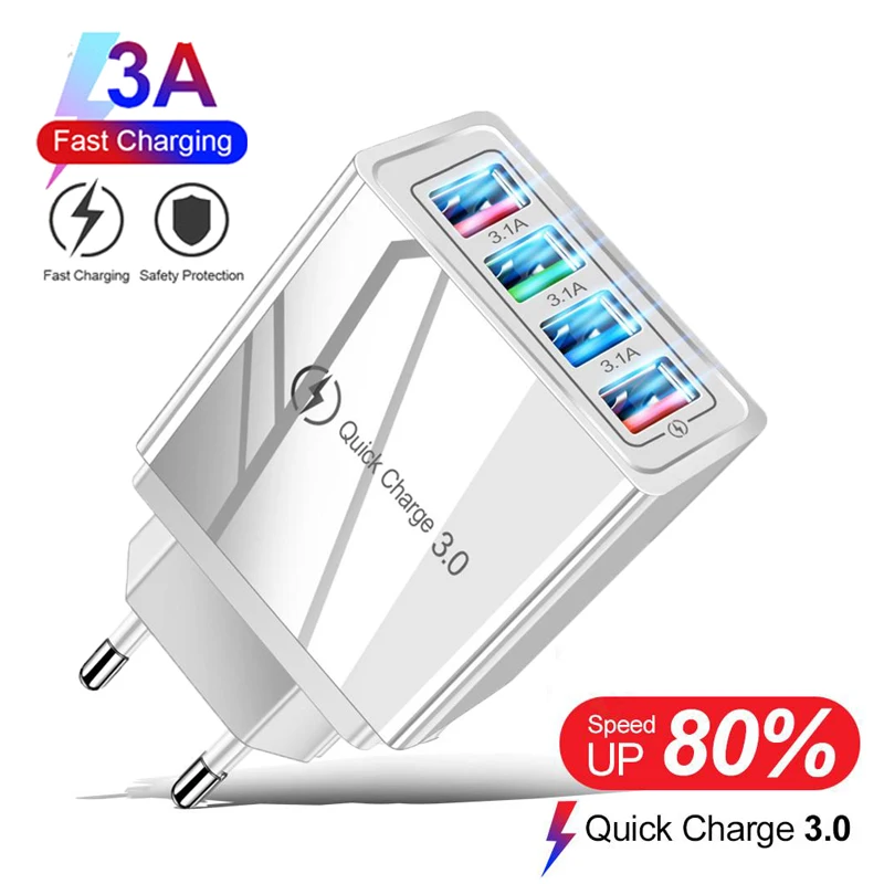 

QC 3.0 4.0 USB Phone Charger 4 Port 5V 3.1A Fast Charging Wall Adapter For iPhone X 7 Xiaomi Poco X3 F3 F2 Pro 11 9 Lite Charger