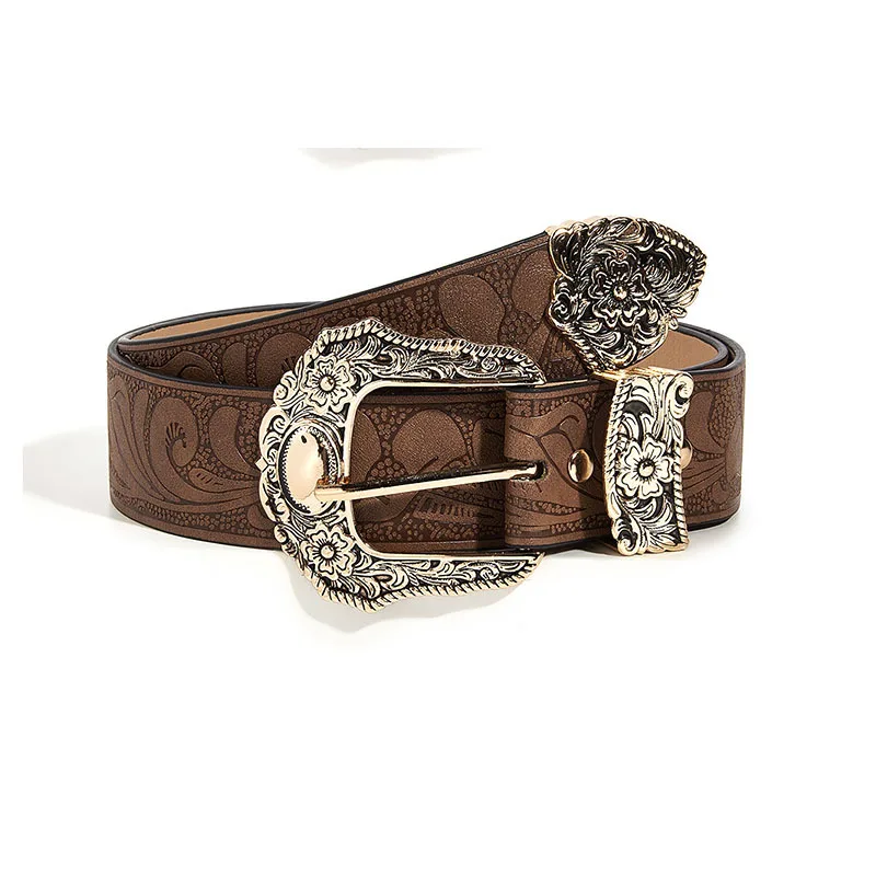 Women's Floral Carved Buckle Belt, Retro Solid Color Embossed Waistband, Western Style Jeans Belt