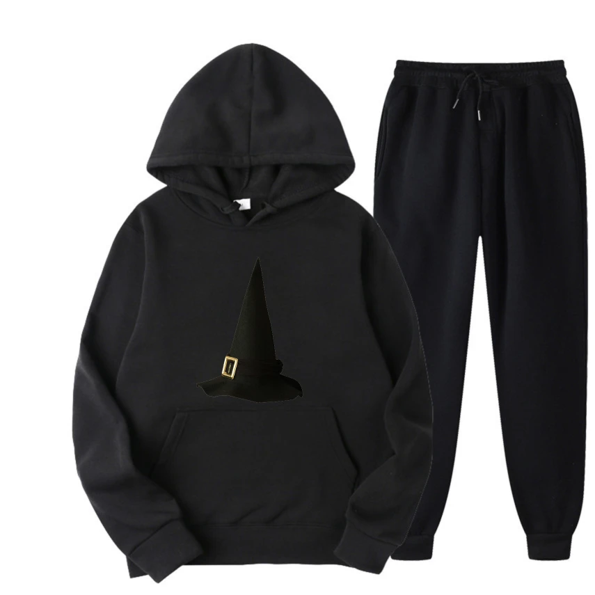 

2025 Black pointed witch hat doodle print suits Spring And Autumn Man Hoodie Sweatshirts Casual Comfortable Trendy Mens Wear set