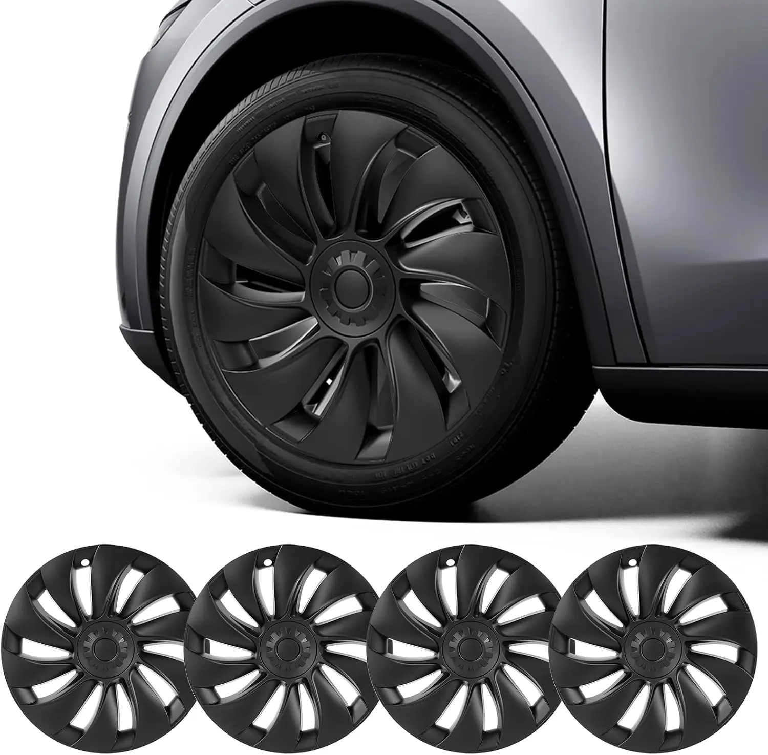 

19" Wheel Covers for Tesla Model Y Juniper 2025-2026, 4PCS Matte Black Hubcaps, Full Rim Protection, Snap-On ABS