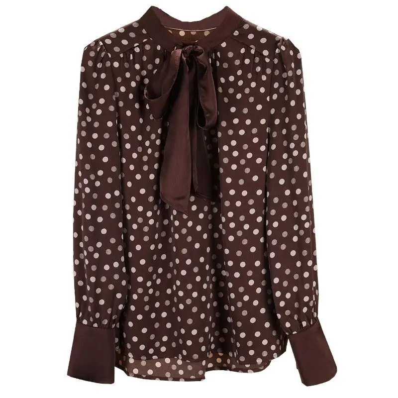 Spring 2024 New Elegant Polka Dot Long Sleeve Blouse Women Clothing Fashionable Lacing Bow Patchwork Shirts Women Clothing