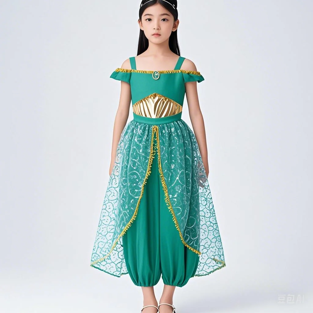 Jasmine Cosplay Dress Girls Children's Day School Stage Performance Clothes Set Kids Green Sequin Tulle Princess Outfits