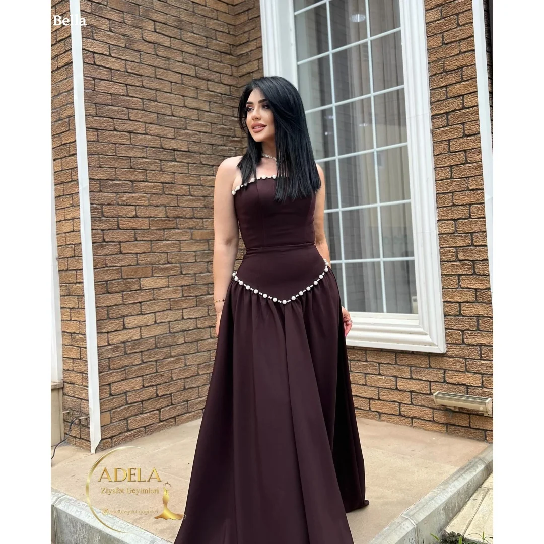 

Bella Customize Brown Beading Pearls robes de soirée Strapless Backless Sleeveless Prom Dresses Floor-Length Wedding Dress 2025