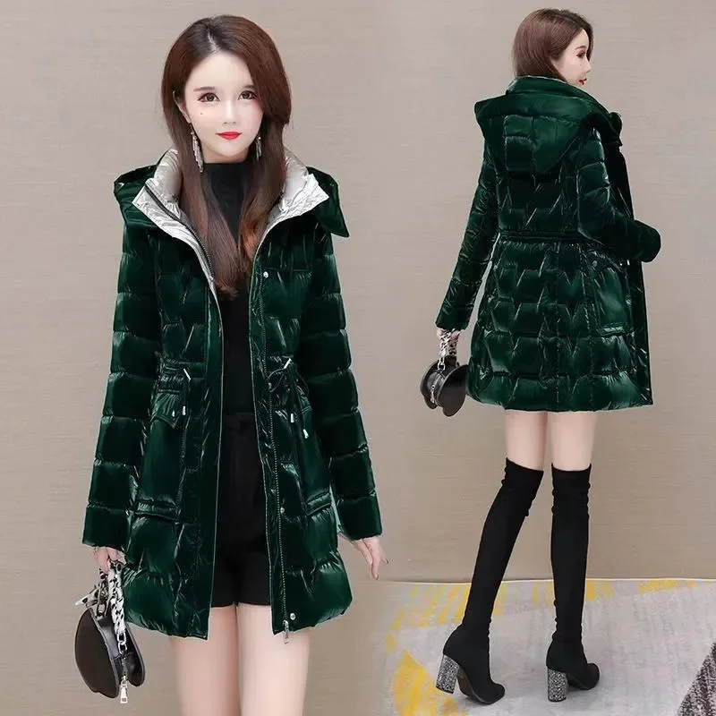 2025 الخريف الشتاء سترات المرأة أسفل معطف مبطّن بالقطن معطف طويل الكورية مقنعين الدافئة يندبروف سترة منفوخة