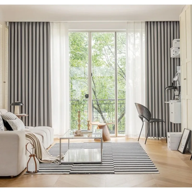 Simple and Elegant Double-sided Rice Grain Cotton Gray Cotton and Linen Blackout Curtains Living Room Bedroom Balcony Curtains