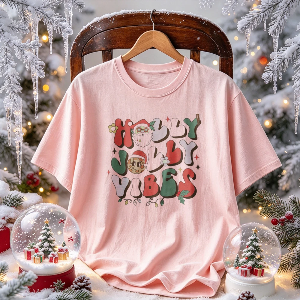 Holly Jolly Vibes Graphic Retro Bubble Letter Santa Cookie Holly Light Print Groovy Christmas Casual T-shirt Winter Holiday Tops