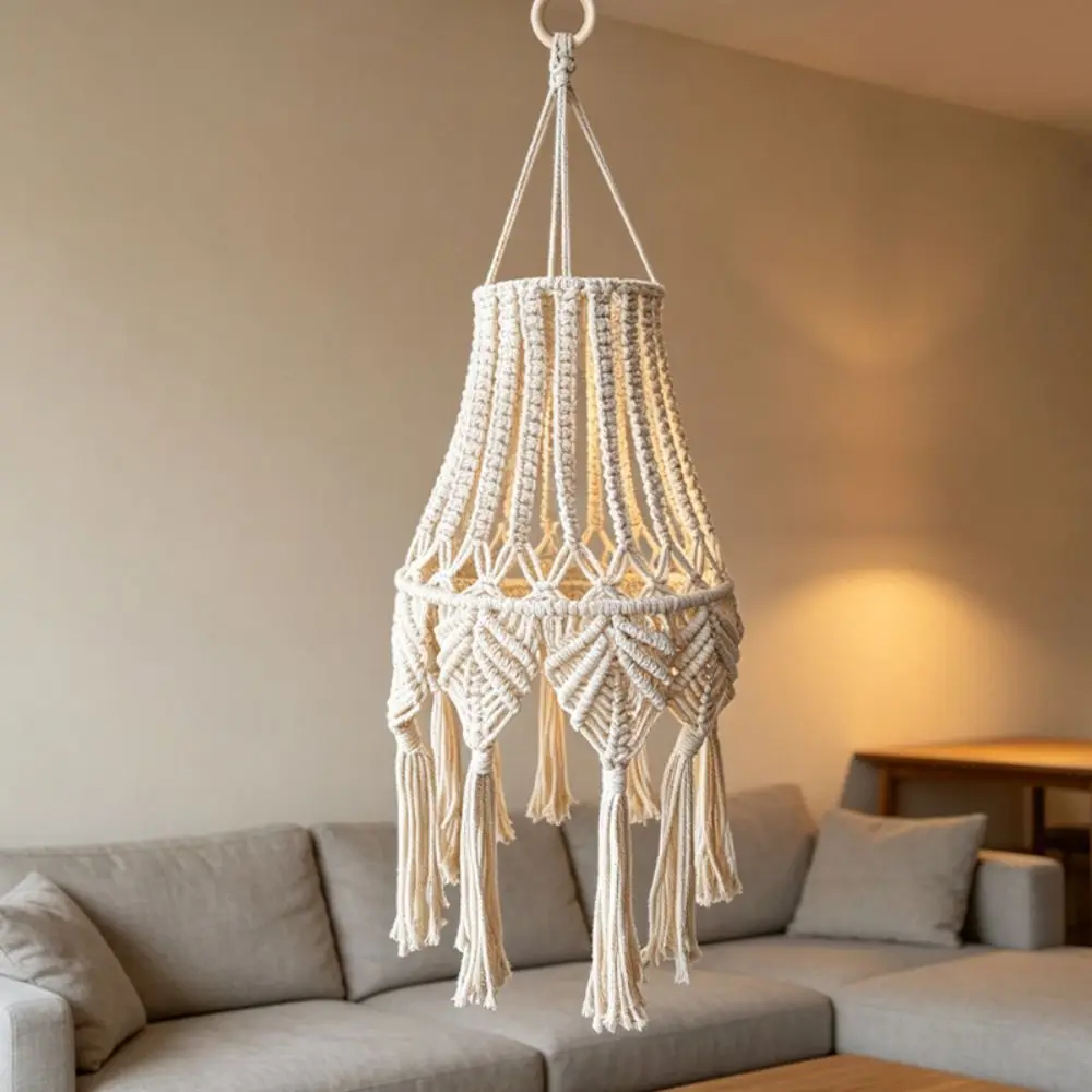Handwoven Cotton Macrame Lampshade Tassel Detail Cotton Rope Woven Tapestry Lampshade Handcrafted Design Woven Texture
