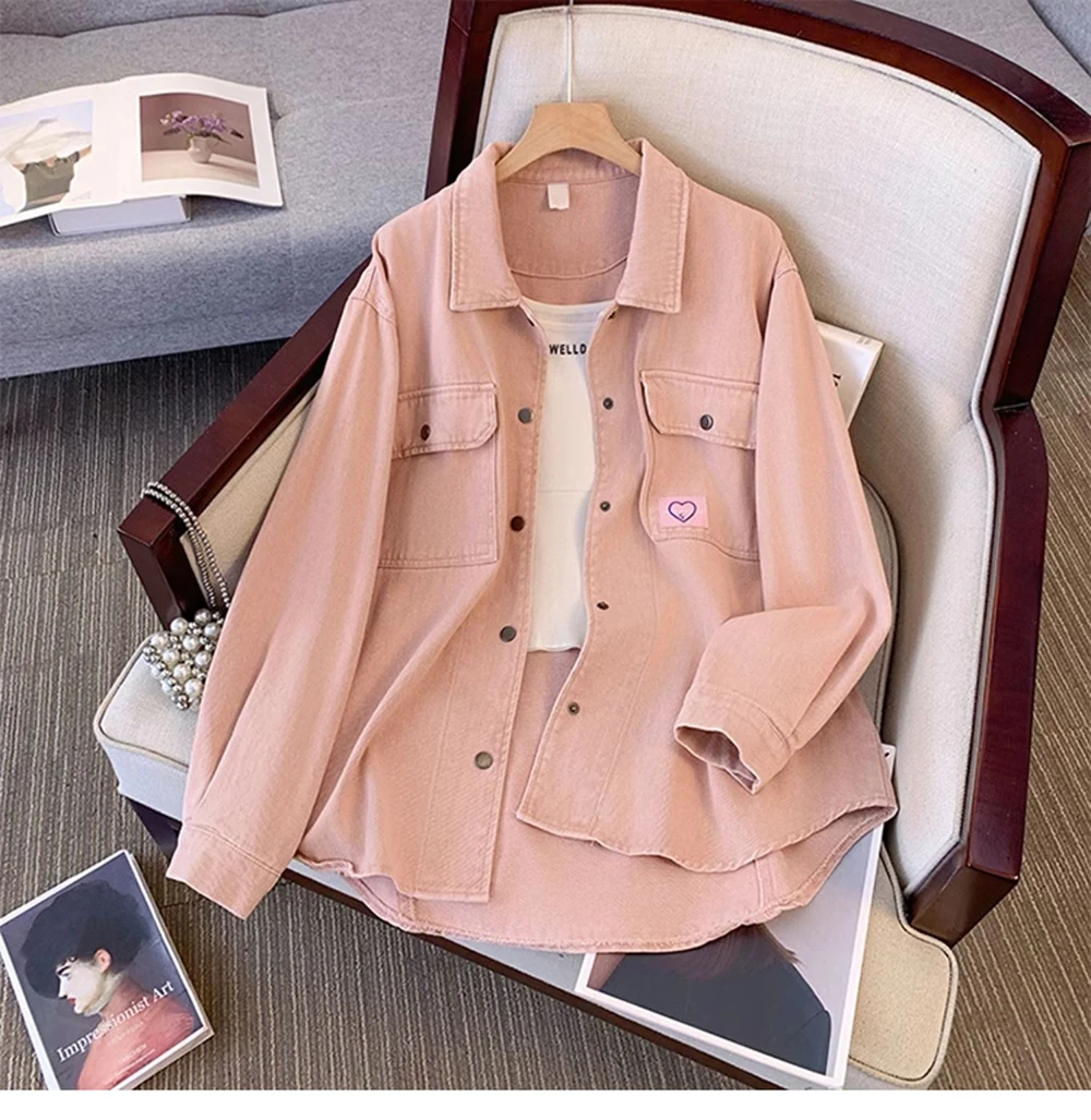 

Pink Denim Shirt Jacket Women Spring Autumn 2025 New Korean Style Loose Casual Single Breasted Versatile Mid-Length Jacket Tops