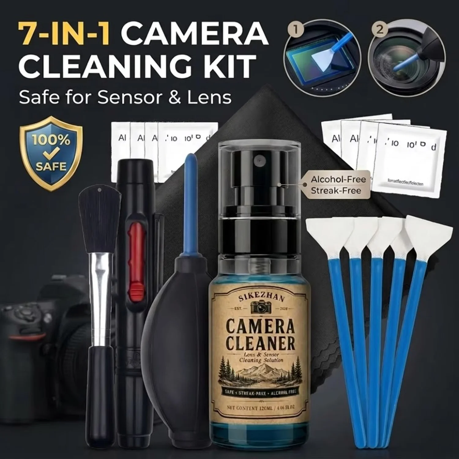7in1 Camera Cleaning Kit with Sensor Cleaner Liquid Swabs Air Blower Pen Brush Microfiber Cloth Wipes for DSLR Canon Nikon Sony