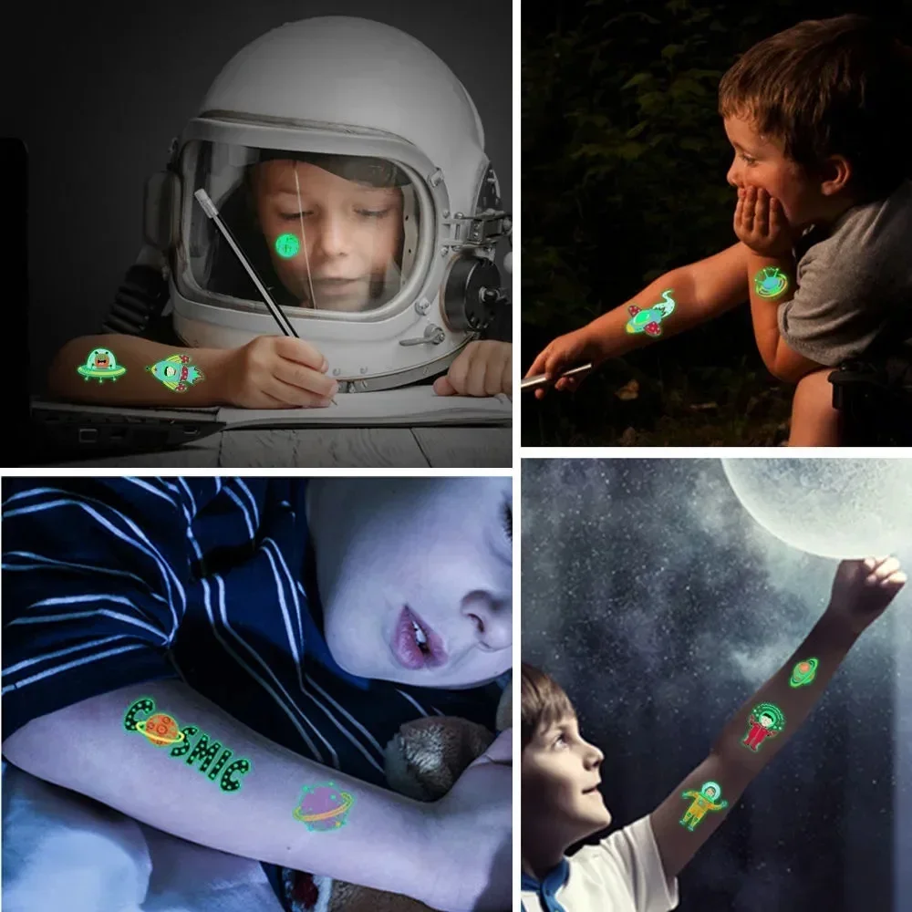 10pcs Kids Tattoo Temporary Glow in The Dark Cartoon Vehicle Fruit Vegetable Halloween Festivals Robot Luminous Tattoos Stickers