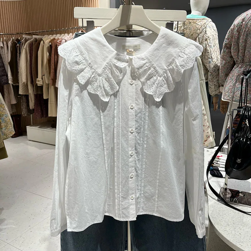 

MICOAT Sweet Sle Embroidered Hollow out Lace Trim Stand Collar Long Sve Women's irt Floral Print Button Closure Casual