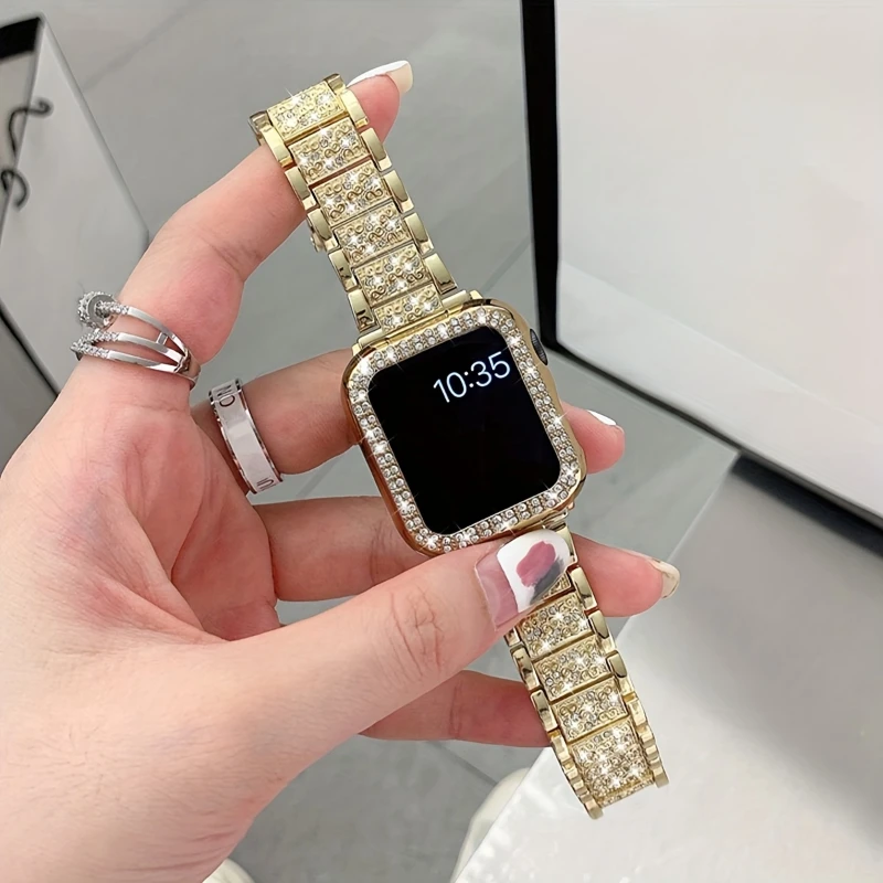 

Алмазный чехол + ремешок для Apple Watch Band 45 мм 40 мм 44 мм 41 мм 38 мм 42 мм 44 мм Металлический ремень IWatch Series 9 8 7 SE 6 5 Женский браслет