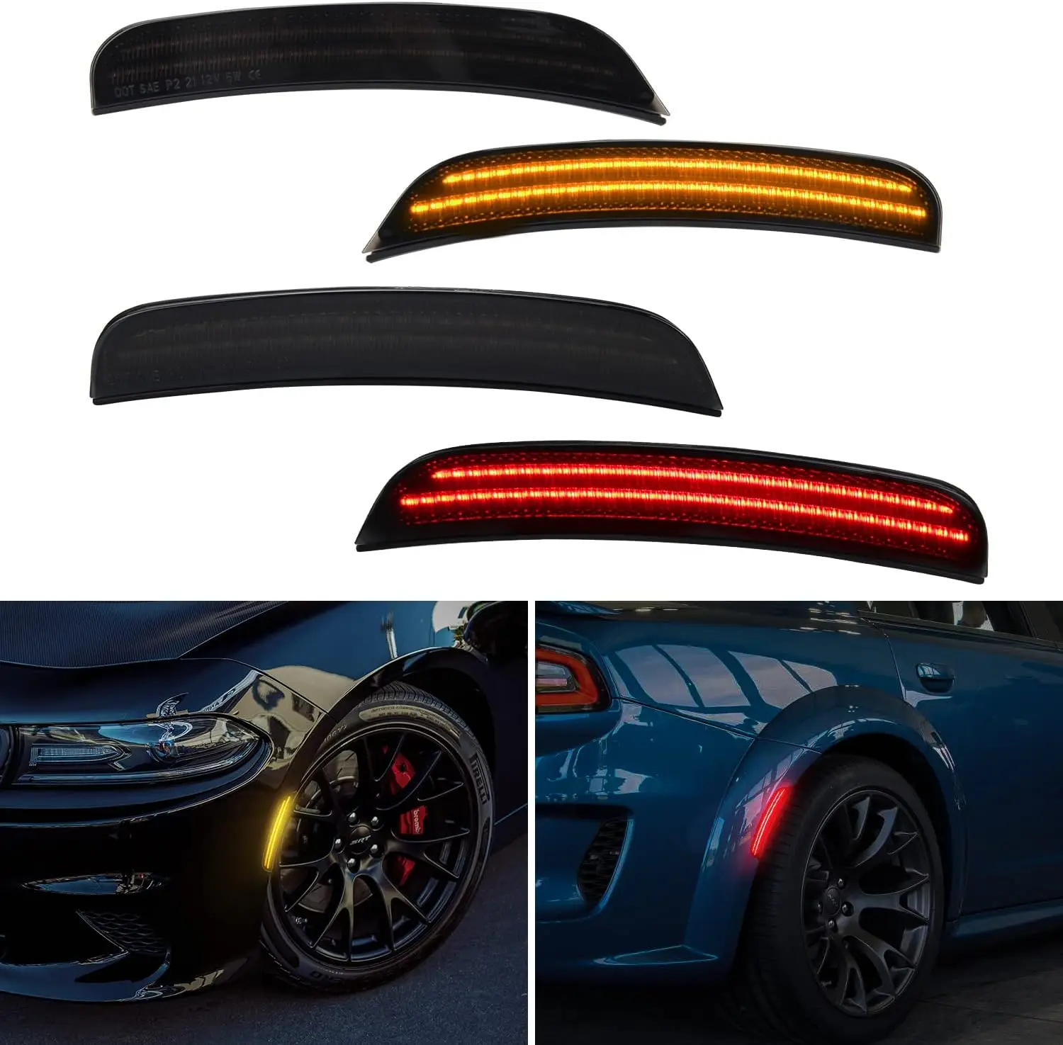 

For 2015 2016 2017 2018 2019 2020 2021 Dodge Charger Smoked Lens Front & Rear Bumper LED Side Marker Light Amber & Red Lamp
