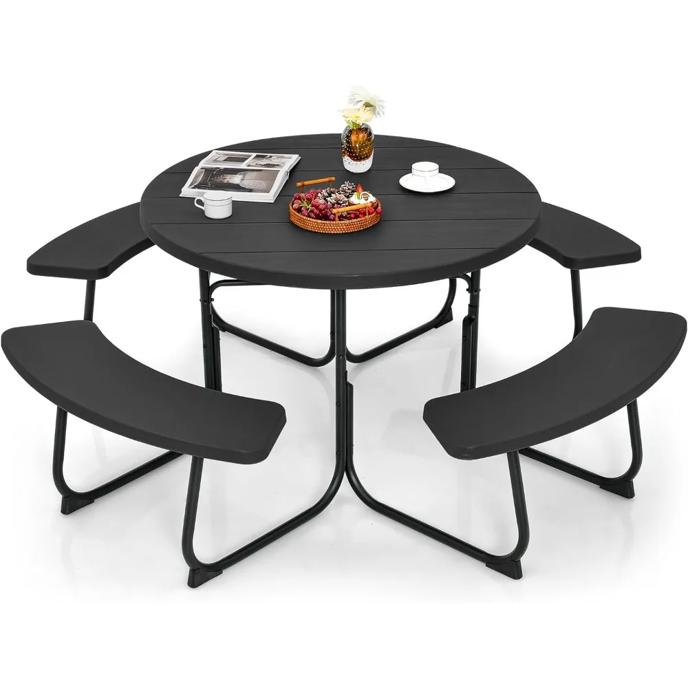 Table Set for Up To 8 Persons, Round Outdoor Bench Set with Umbrella Hole, Metal Frame, 2000Lbs Capacity, Outdoo Tables