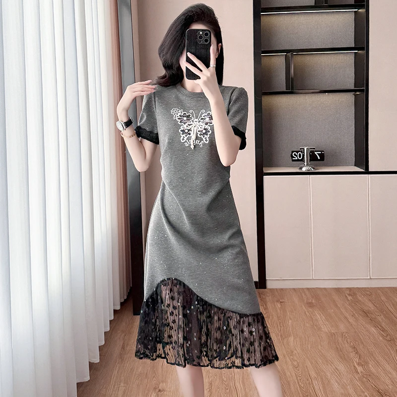 YZJNH 2026 summer new dress women's Korean version round neck short sleeved dress with lace hem patchwork plus size dress