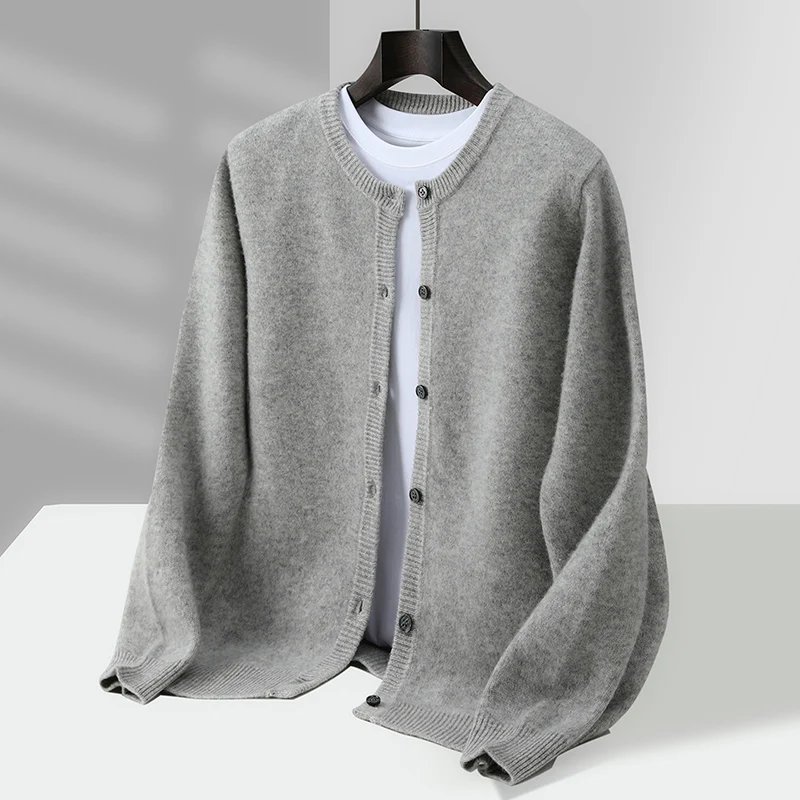 

Men's Autumn Winter 100% Merino Wool O-Neck Button Cardigan Casual Business Cashmere Knitted Versatile Classic Sweater Jacket