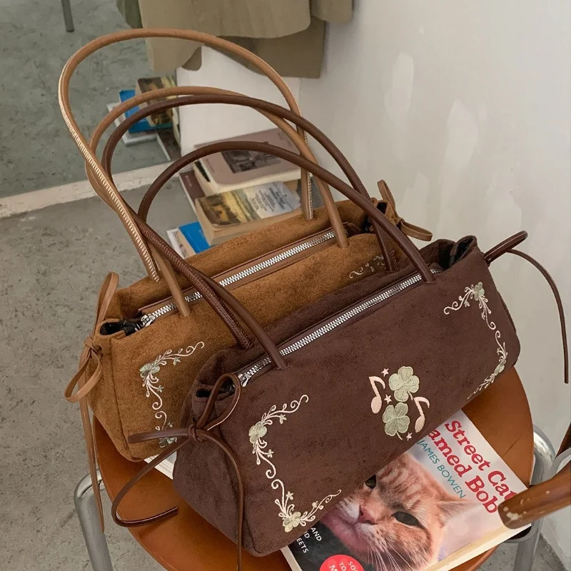 Retro Faux Suede Underarm Bag for Women Four‑Leaf Clover & Music Note Embroidery Design SolidColor Zipper Purse Shoulder Handbag