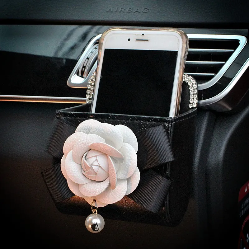 Camellia Flower Crystal Diamond Car Outlet Air Vent Trash Box for Auto Mobile Phone Holder Pouch Organizer Hanging Storage Bag