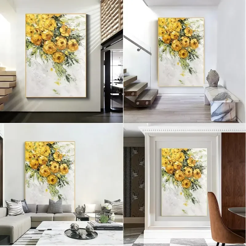 Yellow Flower Oil Painting Still Life Fresh Wall Art Decoration for Living Room
