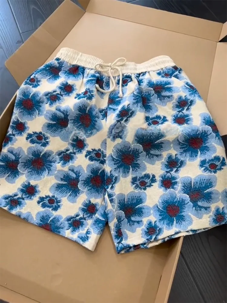

Мужские свободные пляжные шорты-бриджи для летнего отдыха, повседневные, синие, с цветочным принтом, свободного прямого кроя