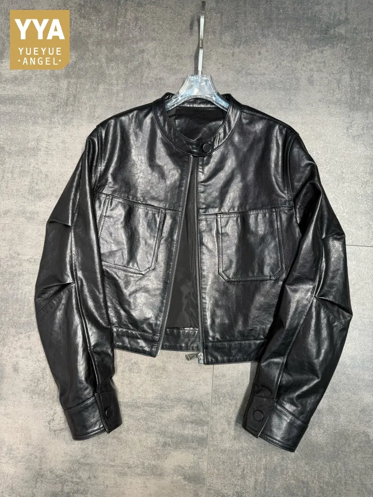 Streetwear Women Punk Genuine Leather Motorcycle Jacket Stand Collar Vintage Spring Autumn Ladies Sheepskin Cargo Short Coat