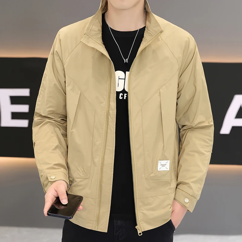 

Модная повседневная рабочая куртка для мужчин: весенне-осенняя, с воротником-стойкой, на молнии, с длинными рукавами, приталенная, немнущаяся верхняя одежда